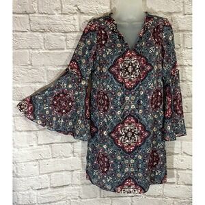 White House Black Market Dress SP Dark Tribal Floral Whimsy Flare Bell Sleeve
